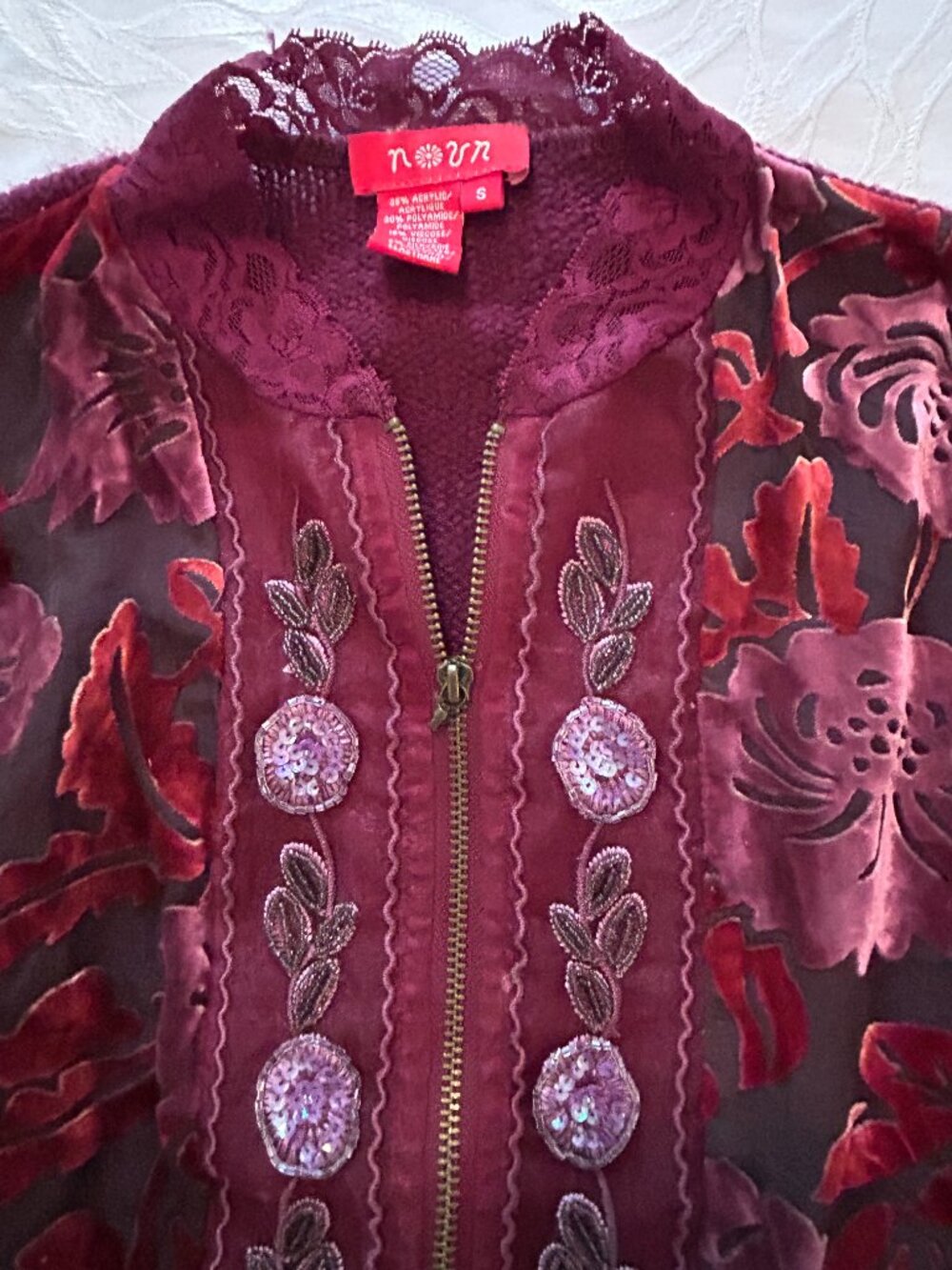 Burgundy Burn Out Velvet Lace Embellished Zip Cardigan Jacket Sz S | Fall 2026 - Picture 2 of 5